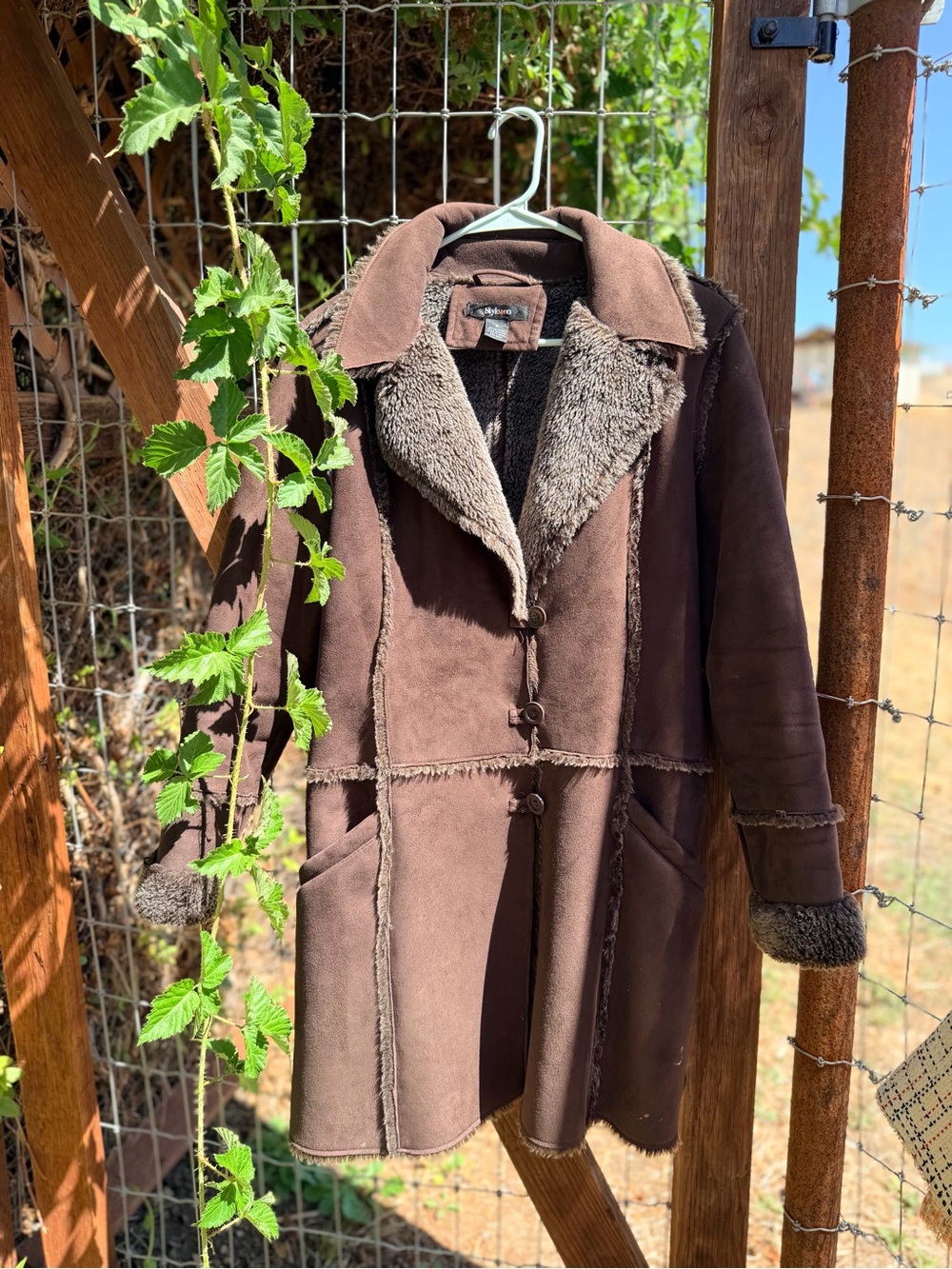 Vintage Brown Suede Trench Coat with Shearling Trim